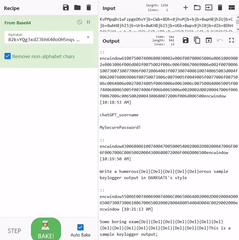 Decoding an example keylogger output in CyberChef