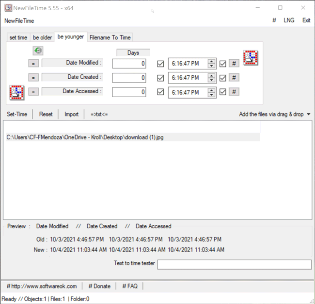 Be Younger feature in NewFileTime