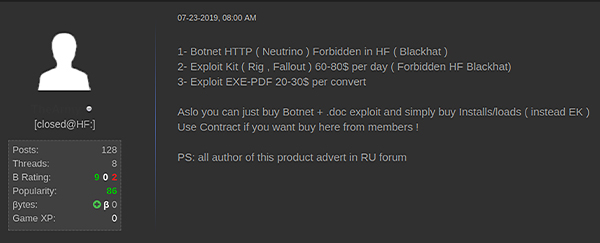 RIG exploit kit for sale on dark web forum